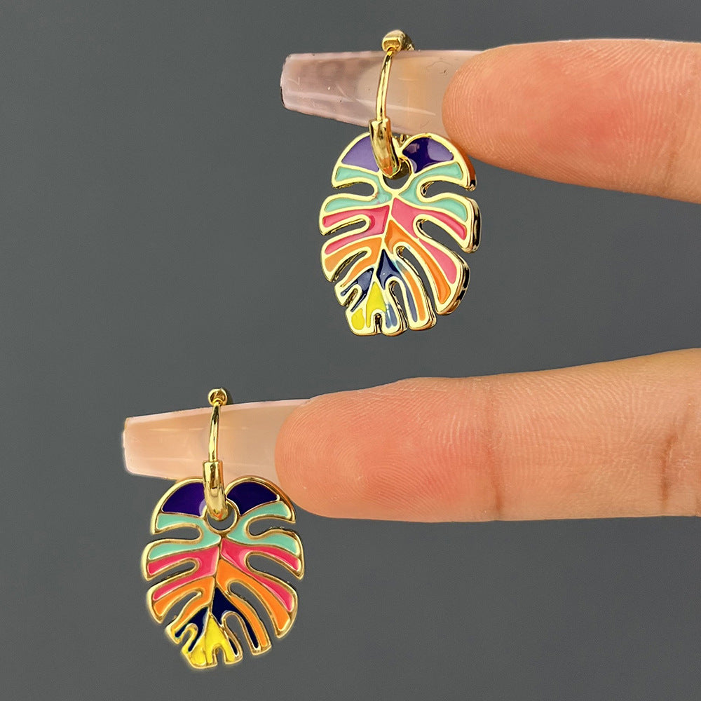 retro cactus leaf flower enamel alloy earrings By Trendy Jewels