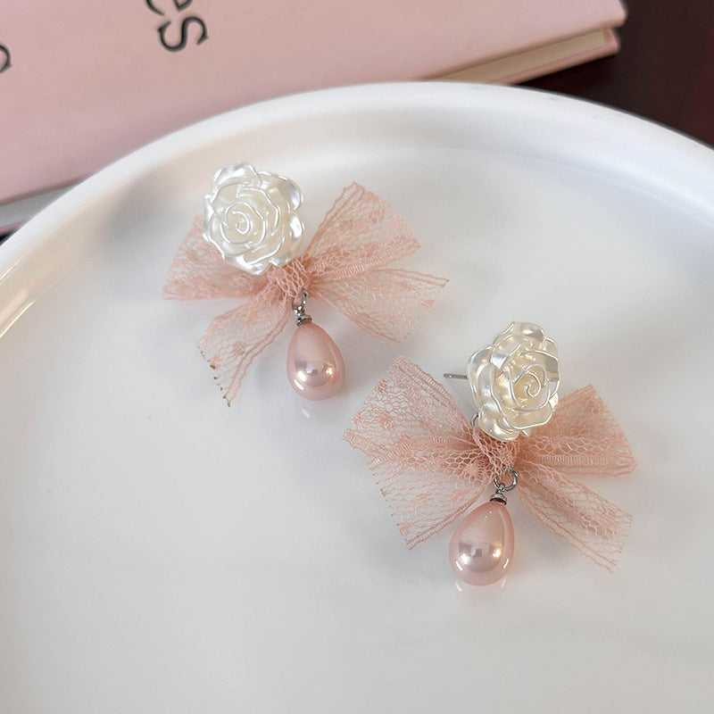 1 Pair Elegant Princess Bow Knot Resin Lace Drop Earrings By Trendy Jewels