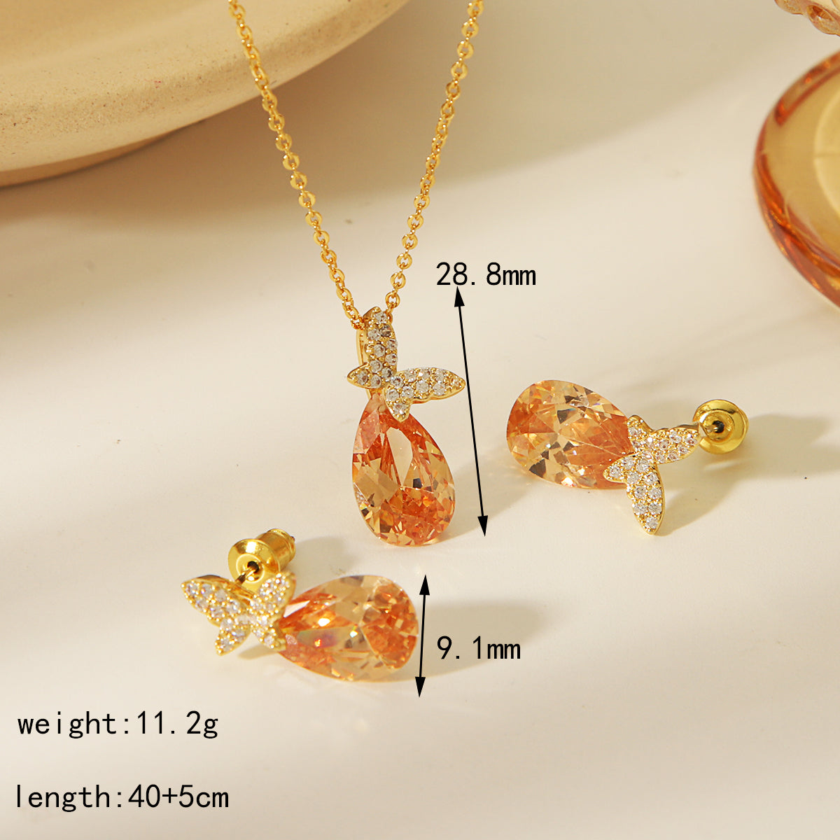 Copper 14K Gold Plated Casual Sweet Simple Style Inlay Water Droplets Butterfly Zircon Jewelry Set By Trendy Jewels