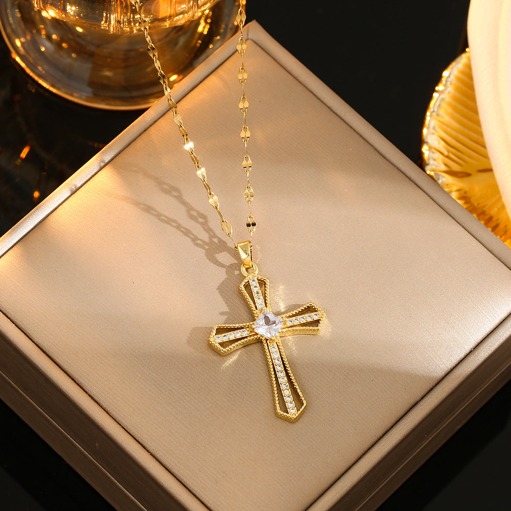 Stainless Steel Gold Plated Silver Plated Casual Commute Cross Inlay Zircon Pendant Necklace By Trendy Jewels