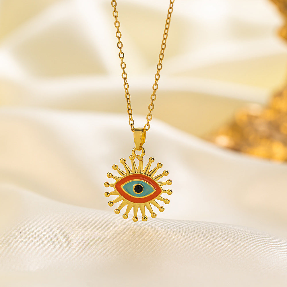 304 Stainless Steel 18K Gold Plated Vintage Style Simple Style Inlaid Zircon Eye Artificial Rhinestones Resin Pendant Necklace By Trendy Jewels