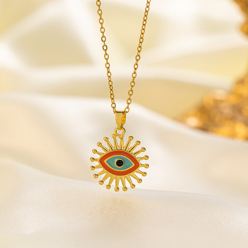 304 Stainless Steel 18K Gold Plated Vintage Style Simple Style Inlaid Zircon Eye Artificial Rhinestones Resin Pendant Necklace By Trendy Jewels