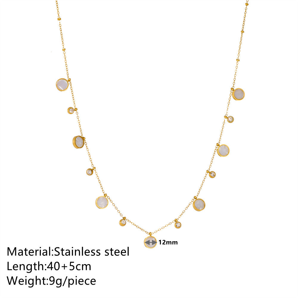 simple style round titanium steel plating inlay rhinestones shell 18k gold plated pendant necklace By Trendy Jewels