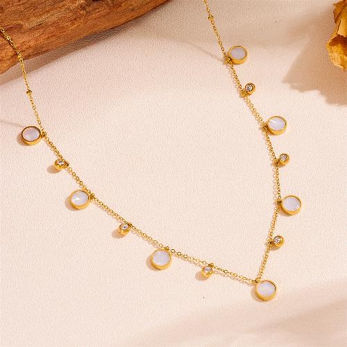 simple style round titanium steel plating inlay rhinestones shell 18k gold plated pendant necklace By Trendy Jewels