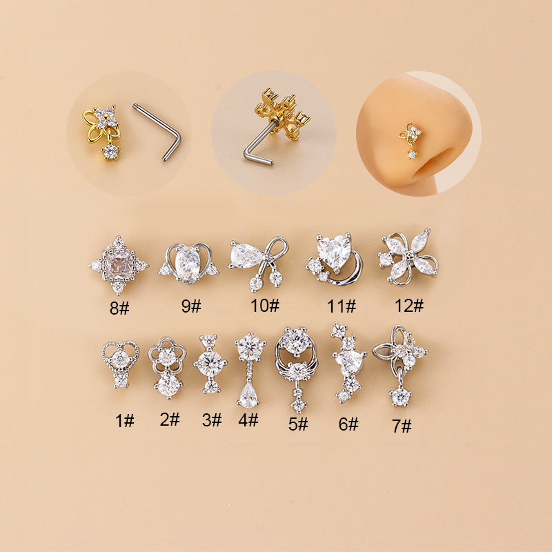 fashion flower bow knot stainless steel plating zircon nose studs 1 piece By Trendy Jewels