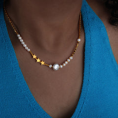lady pentagram freshwater pearl titanium steel plating necklace By Trendy Jewels