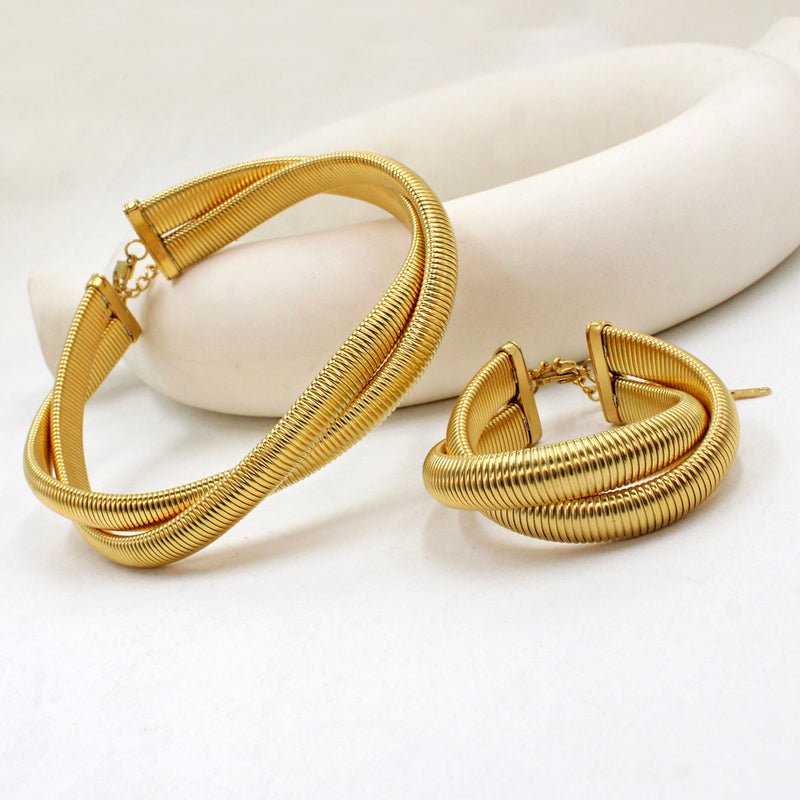 retro simple style geometric stainless steel 18k gold plated bracelets necklace jewelry set By Trendy Jewels