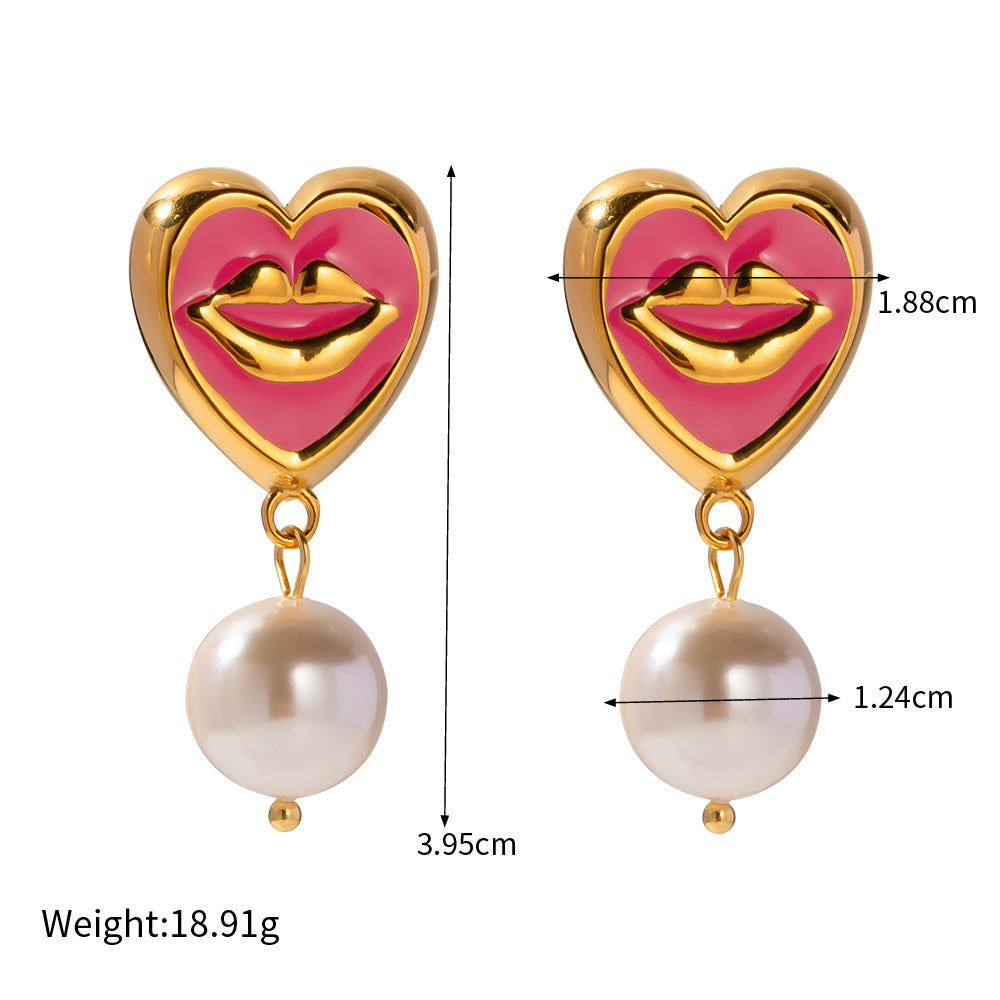 romantic lips heart shape stainless steel enamel plating inlay artificial pearls 18k gold plated earrings necklace By Trendy Jewels