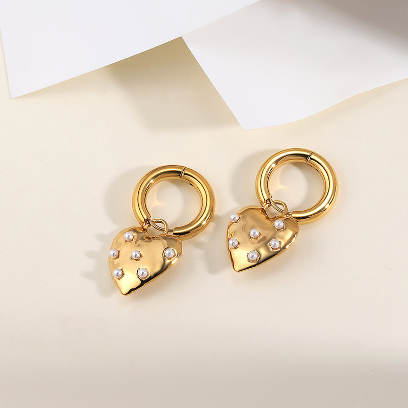 1 Pair Elegant Lady Heart Shape Inlay Stainless Steel Pearl Zircon 18K Gold Plated Drop Earrings By Trendy Jewels