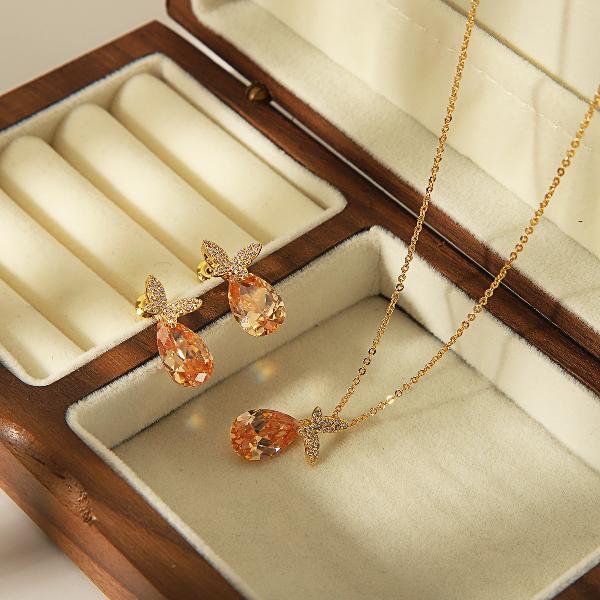 Copper 14K Gold Plated Casual Sweet Simple Style Inlay Water Droplets Butterfly Zircon Jewelry Set By Trendy Jewels