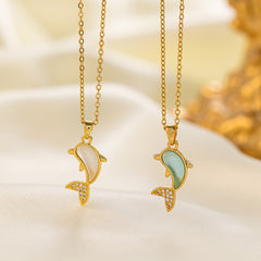 Casual Simple Style Commute Dolphin 304 Stainless Steel Polishing Inlay 18K Gold Plated Artificial Rhinestones Stone Pendant Necklace By Trendy Jewels