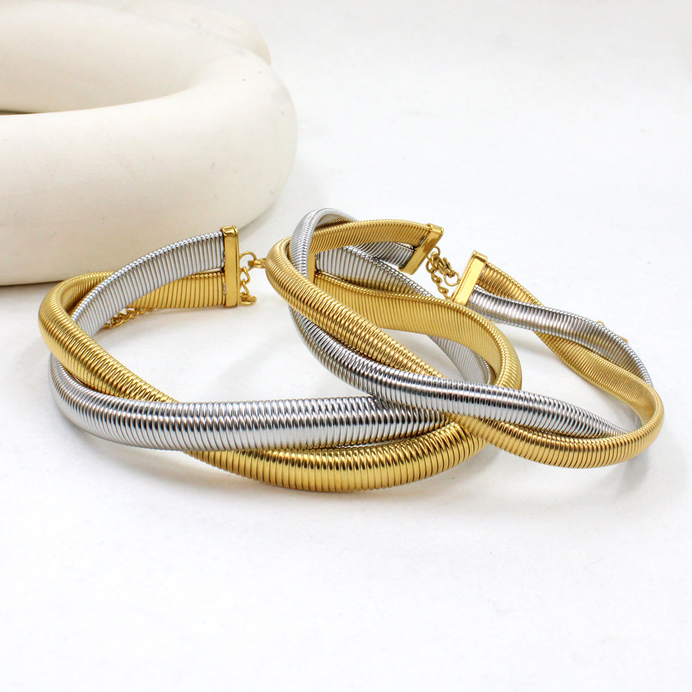 retro simple style geometric stainless steel 18k gold plated bracelets necklace jewelry set By Trendy Jewels