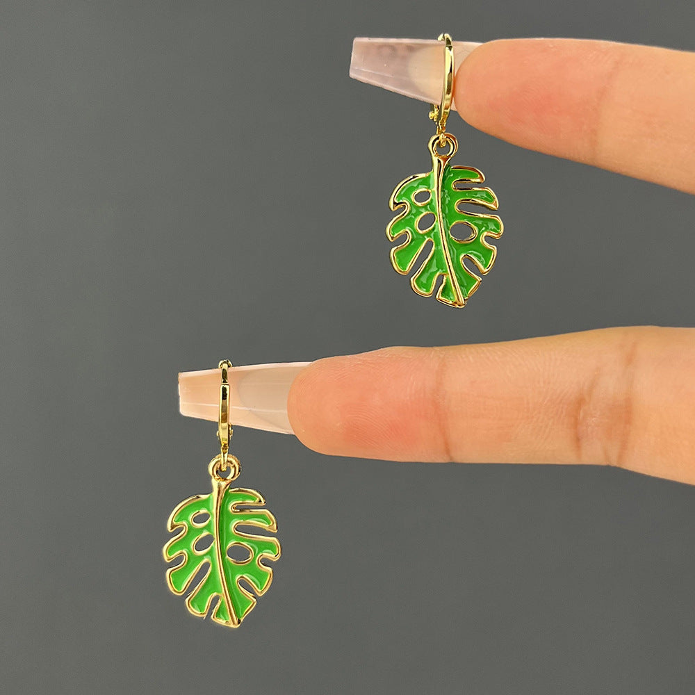 retro cactus leaf flower enamel alloy earrings By Trendy Jewels