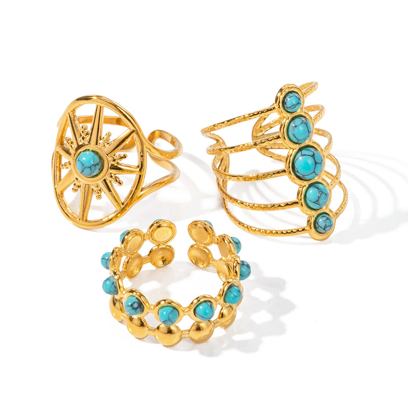 artistic geometric stainless steel 18k gold plated turquoise open rings in bulk By Trendy Jewels