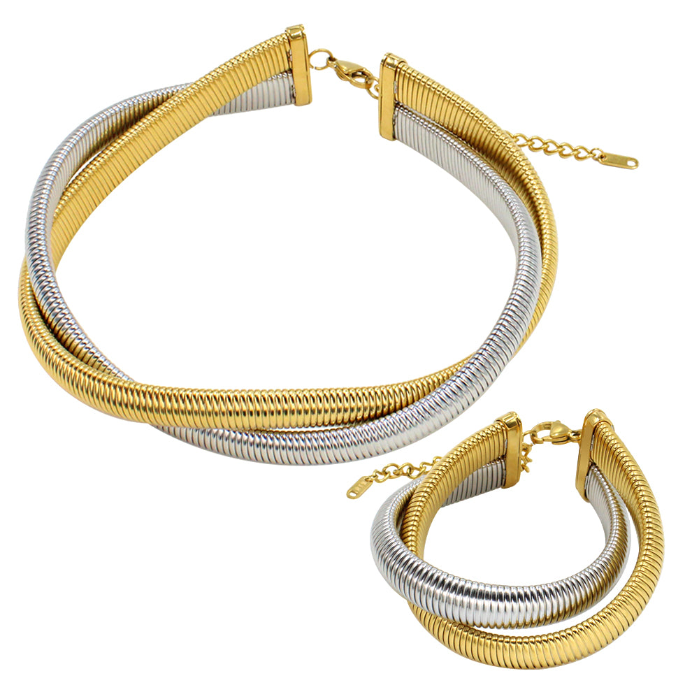 retro simple style geometric stainless steel 18k gold plated bracelets necklace jewelry set By Trendy Jewels