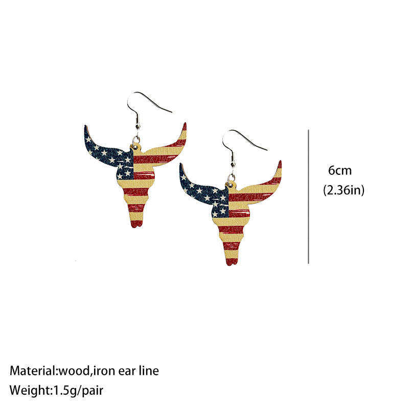 1 Pair Casual Bohemian Cattle American Flag Horse Printing Wood Drop Earrings By Trendy Jewels