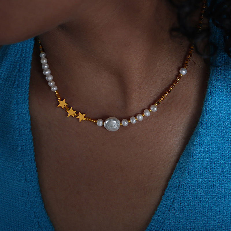 lady pentagram freshwater pearl titanium steel plating necklace By Trendy Jewels