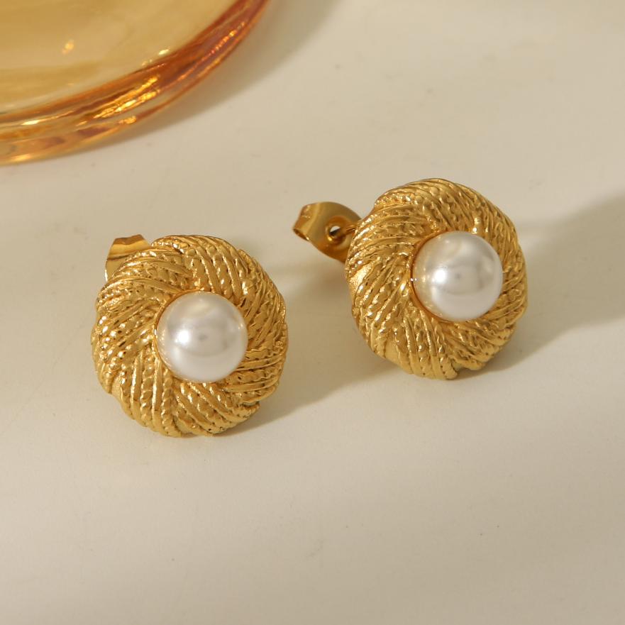 1 Piece IG Style Simple Style Round Square Inlay 304 Stainless Steel Artificial Pearls 18K Gold Plated Ear Studs By Trendy Jewels