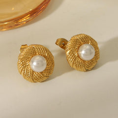 1 Piece IG Style Simple Style Round Square Inlay 304 Stainless Steel Artificial Pearls 18K Gold Plated Ear Studs By Trendy Jewels