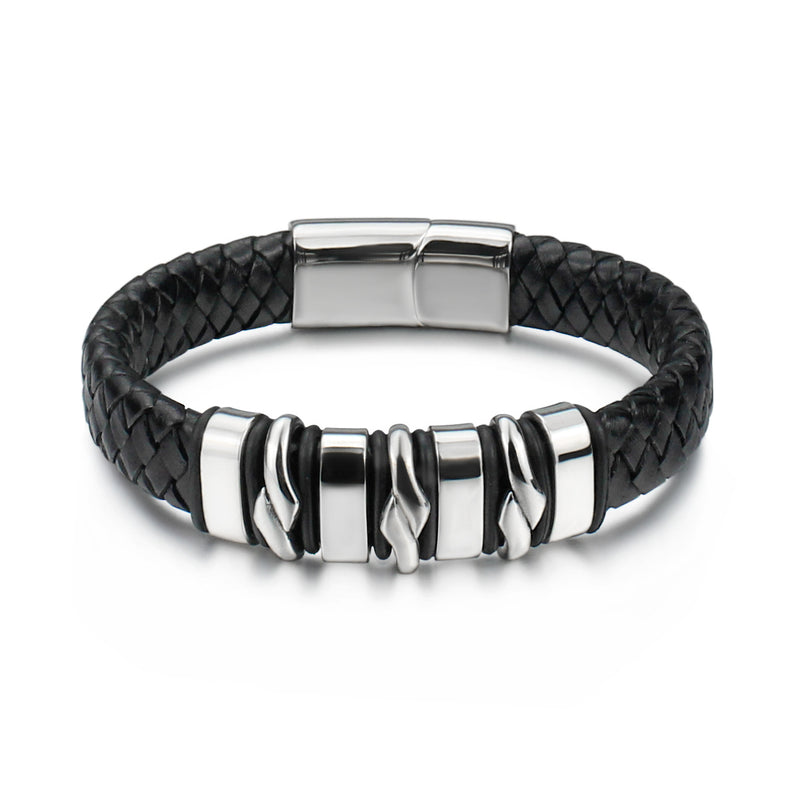 hip-hop modern style cool style geometric stainless steel pu leather men's bangle By Trendy Jewels