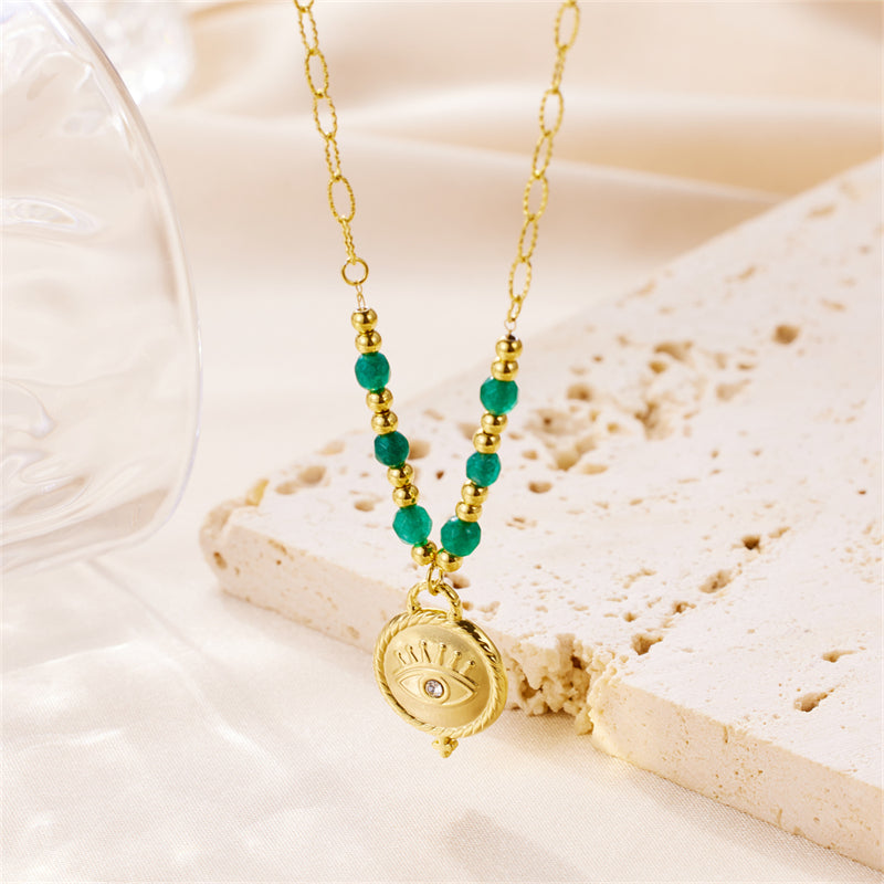 vintage style color block eye stainless steel beaded plating 18k gold plated pendant necklace By Trendy Jewels