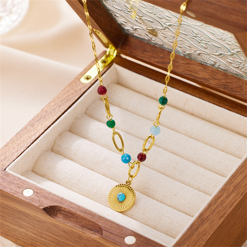 vintage style color block eye stainless steel beaded plating 18k gold plated pendant necklace By Trendy Jewels