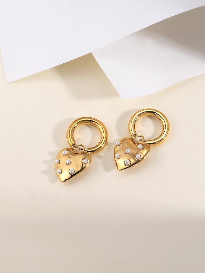 1 Pair Elegant Lady Heart Shape Inlay Stainless Steel Pearl Zircon 18K Gold Plated Drop Earrings By Trendy Jewels