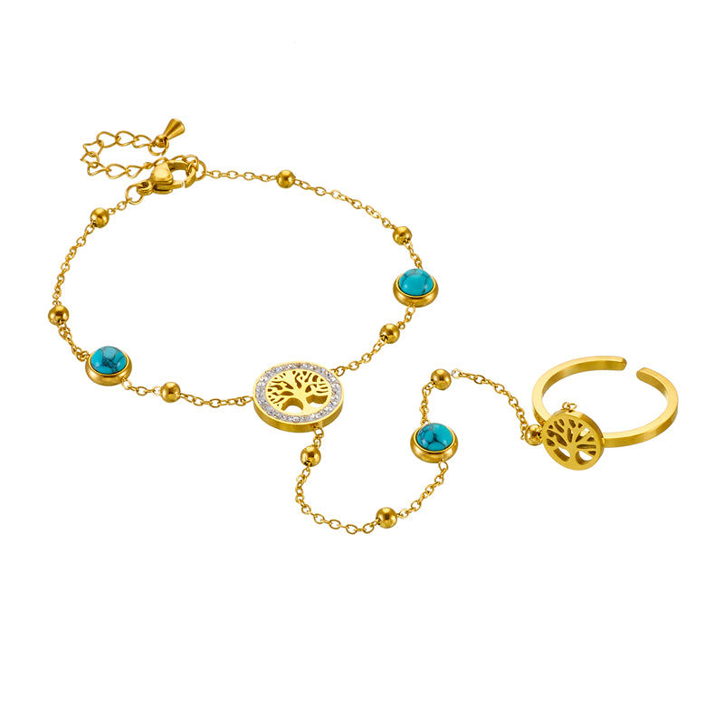 Titanium Steel 18K Gold Plated Vintage Style Hollow Out Inlay Life Tree Turquoise Bracelets By Trendy Jewels