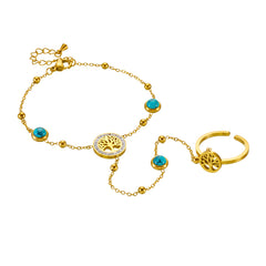 Titanium Steel 18K Gold Plated Vintage Style Hollow Out Inlay Life Tree Turquoise Bracelets By Trendy Jewels