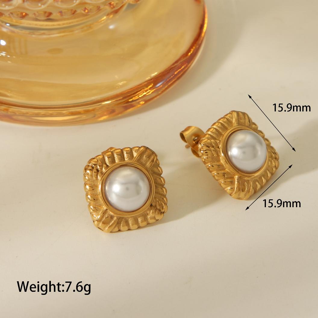 1 Piece IG Style Simple Style Round Square Inlay 304 Stainless Steel Artificial Pearls 18K Gold Plated Ear Studs By Trendy Jewels