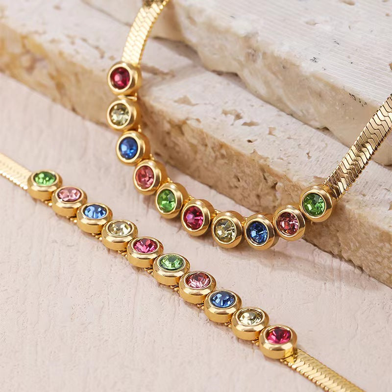 304 Stainless Steel 18K Gold Plated Elegant Glam Simple Style Inlay Solid Color Zircon Bracelets Necklace By Trendy Jewels