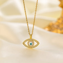 304 Stainless Steel 18K Gold Plated Vintage Style Simple Style Inlaid Zircon Eye Artificial Rhinestones Resin Pendant Necklace By Trendy Jewels