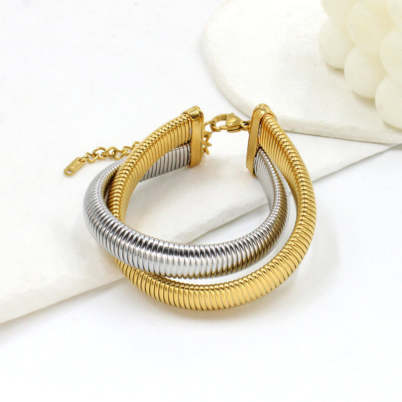 retro simple style geometric stainless steel 18k gold plated bracelets necklace jewelry set By Trendy Jewels