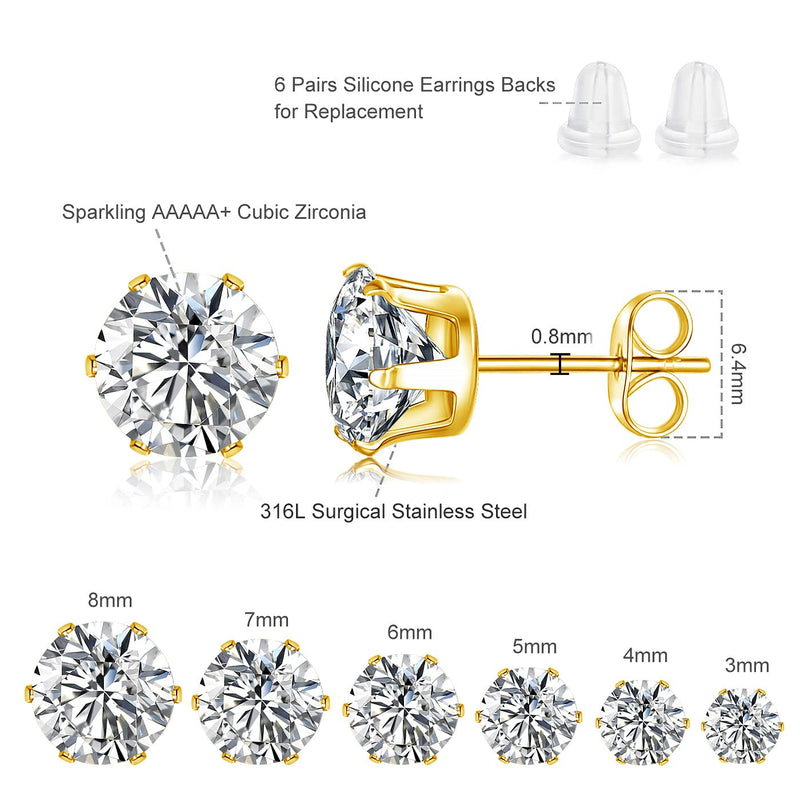 6 Pairs Simple Style Round Inlay Stainless Steel Zircon 18K Gold Plated Ear Studs By Trendy Jewels