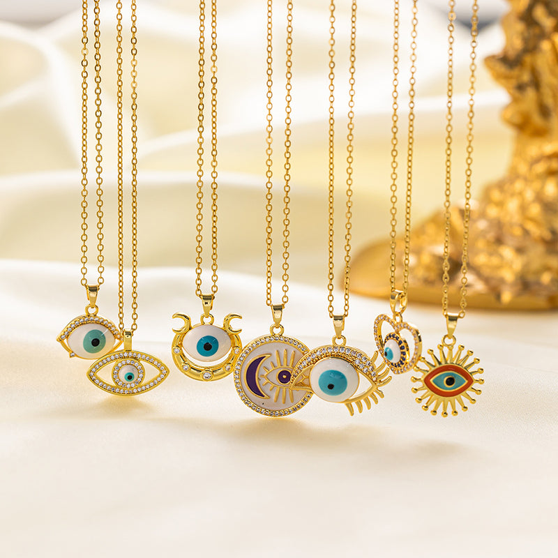 304 Stainless Steel 18K Gold Plated Vintage Style Simple Style Inlaid Zircon Eye Artificial Rhinestones Resin Pendant Necklace By Trendy Jewels