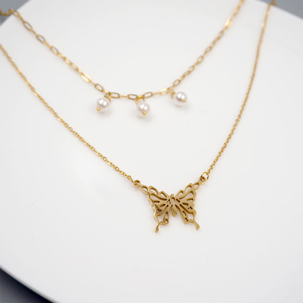 Titanium Steel 18K Gold Plated Casual Modern Style Simple Style Butterfly Double Layer Necklaces By Trendy Jewels