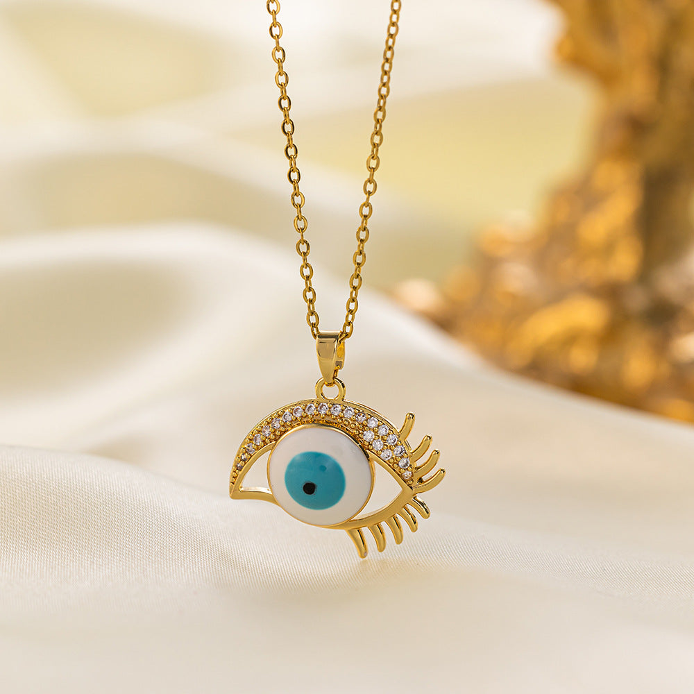 304 Stainless Steel 18K Gold Plated Vintage Style Simple Style Inlaid Zircon Eye Artificial Rhinestones Resin Pendant Necklace By Trendy Jewels