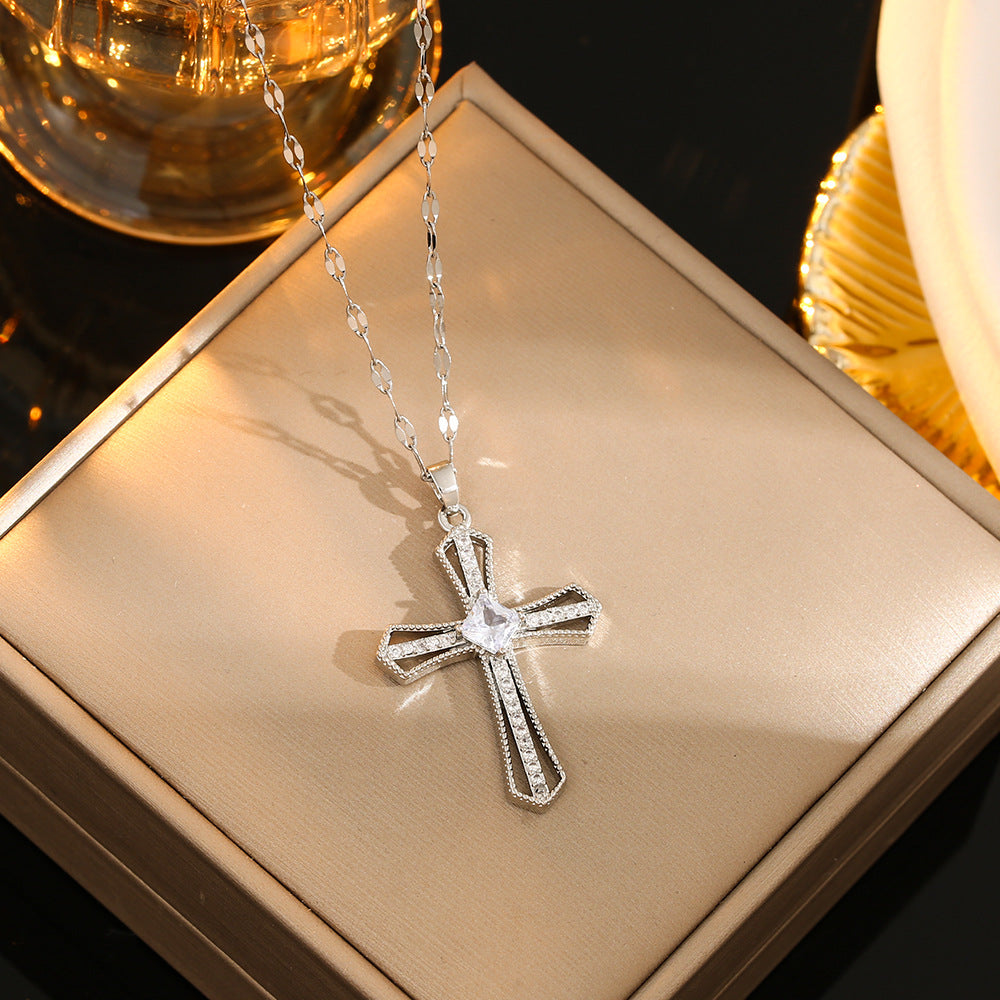 Stainless Steel Gold Plated Silver Plated Casual Commute Cross Inlay Zircon Pendant Necklace By Trendy Jewels