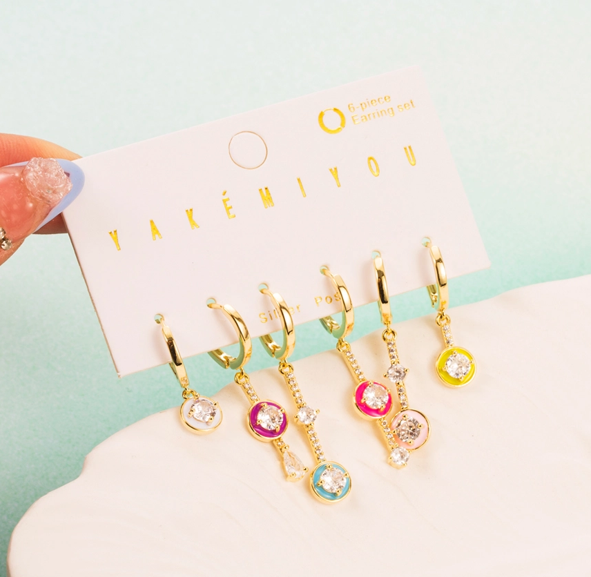 Copper 14K Gold Plated IG Style Cute Enamel Inlay Round Water Droplets Zircon Drop Earrings By Trendy Jewels