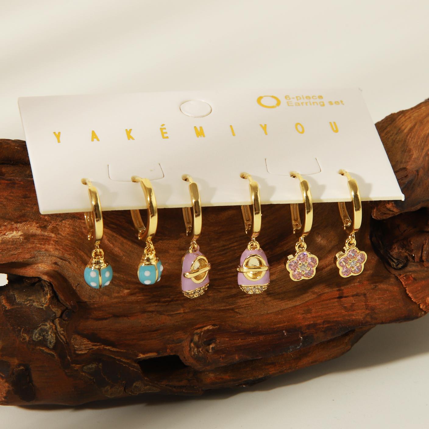 1 Set Yakemiyou Casual Beetles Flower Shoe Enamel Inlay Copper Zircon 14K Gold Plated Drop Earrings By Trendy Jewels
