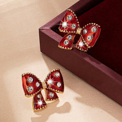 1 Pair Cute Bow Knot Inlay Plastic Zinc alloy Rhinestones 14K Gold Plated Ear Studs By Trendy Jewels