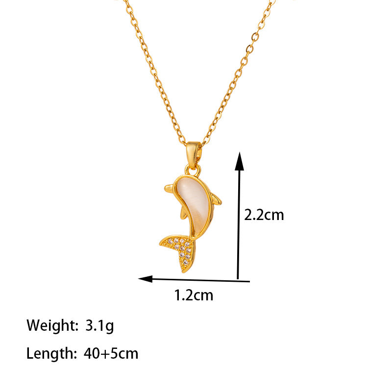 Casual Simple Style Commute Dolphin 304 Stainless Steel Polishing Inlay 18K Gold Plated Artificial Rhinestones Stone Pendant Necklace By Trendy Jewels