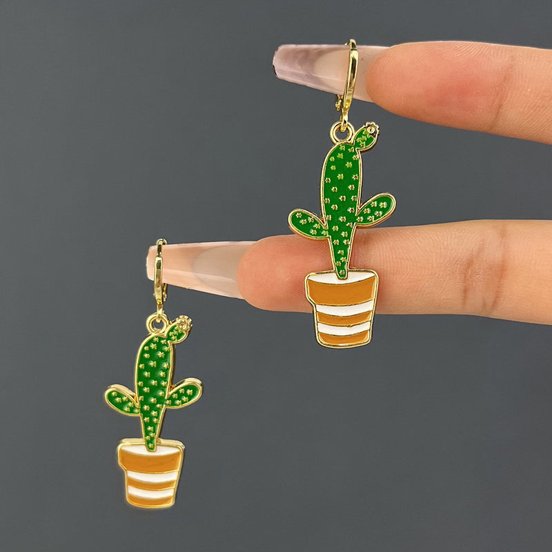 retro cactus leaf flower enamel alloy earrings By Trendy Jewels