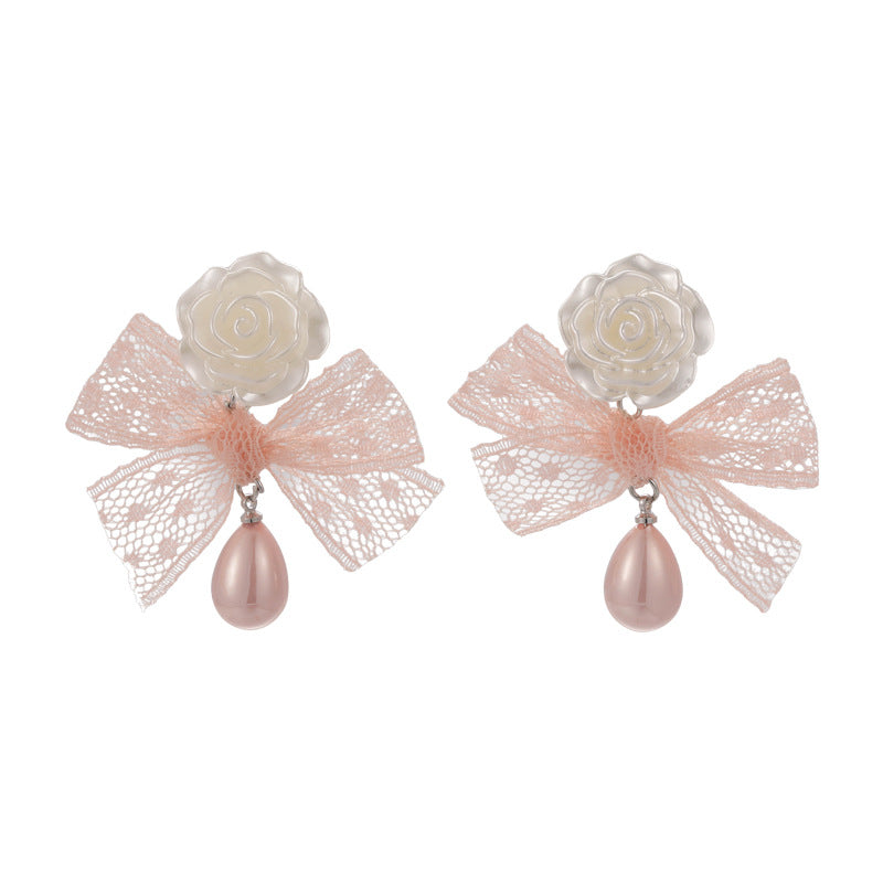 1 Pair Elegant Princess Bow Knot Resin Lace Drop Earrings By Trendy Jewels