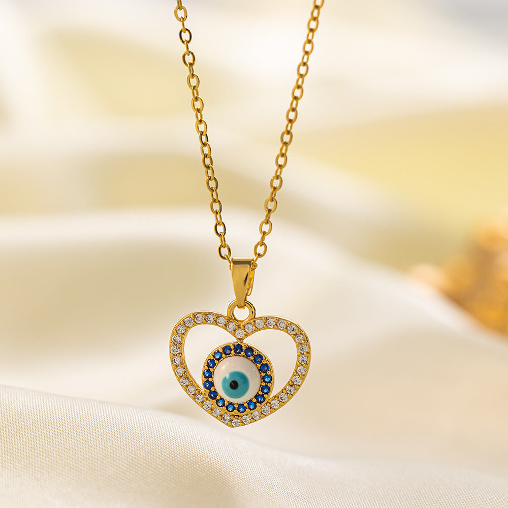 304 Stainless Steel 18K Gold Plated Vintage Style Simple Style Inlaid Zircon Eye Artificial Rhinestones Resin Pendant Necklace By Trendy Jewels