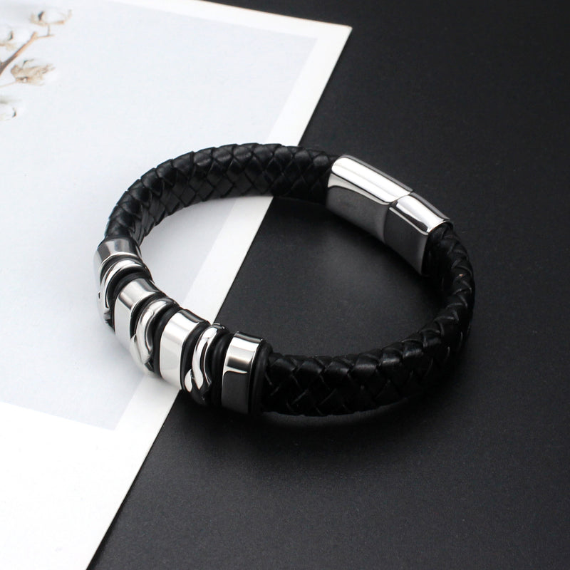 hip-hop modern style cool style geometric stainless steel pu leather men's bangle By Trendy Jewels