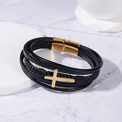 fashion cross rectangle stainless steel pu leather braid unisex bracelets By Trendy Jewels