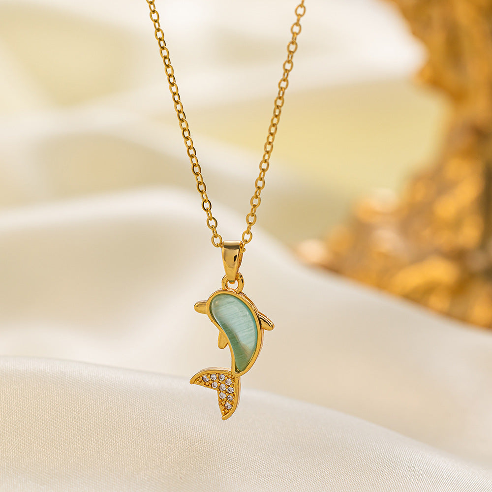 Casual Simple Style Commute Dolphin 304 Stainless Steel Polishing Inlay 18K Gold Plated Artificial Rhinestones Stone Pendant Necklace By Trendy Jewels