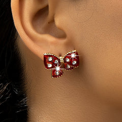 1 Pair Cute Bow Knot Inlay Plastic Zinc alloy Rhinestones 14K Gold Plated Ear Studs By Trendy Jewels