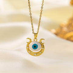 304 Stainless Steel 18K Gold Plated Vintage Style Simple Style Inlaid Zircon Eye Artificial Rhinestones Resin Pendant Necklace By Trendy Jewels